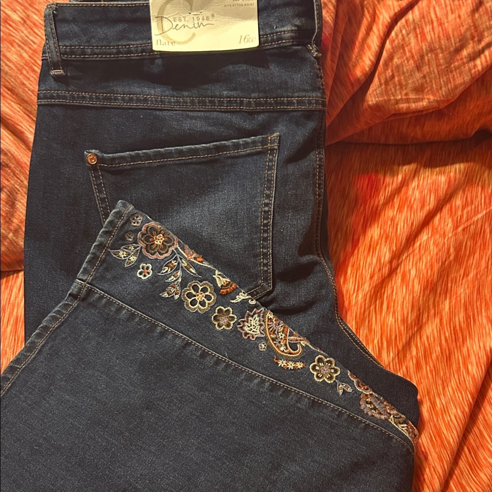 Cato Dark Blue Flare Jeans with Floral Embroidery hi-rise
